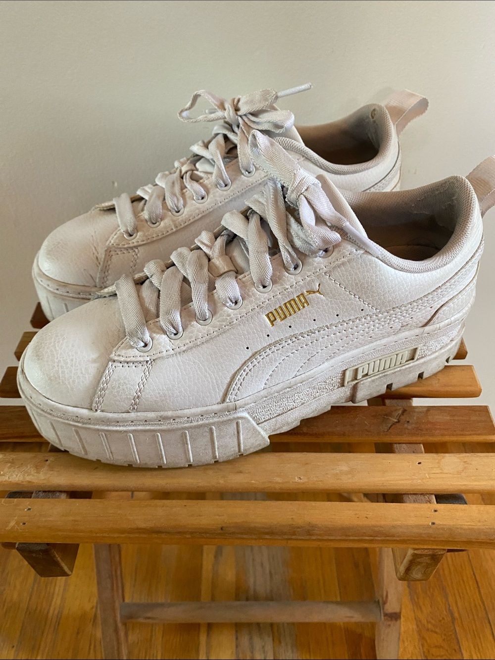 Puma White Platform Sneakers with Gold Logo - Women's 7/ Kids 5.5